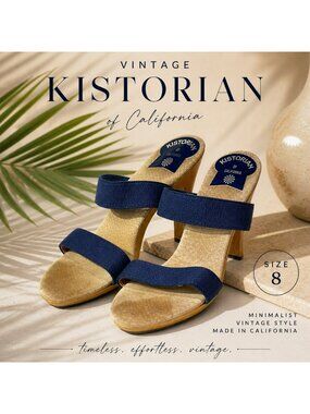 Vintage Kistorian of California Navy Strap Heeled Sandals Size 8 Wood Heel Minim